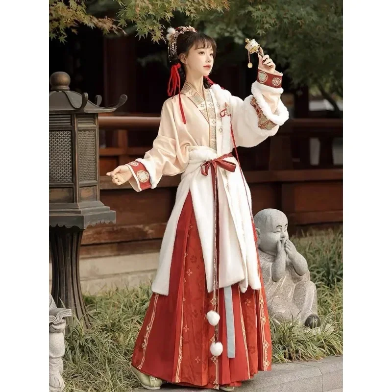 Women Chinese Traditional Hanfu Dress White Fleece Coat Beige Collared Top Red Printed Horse Faced Skirt Vestido Oriental