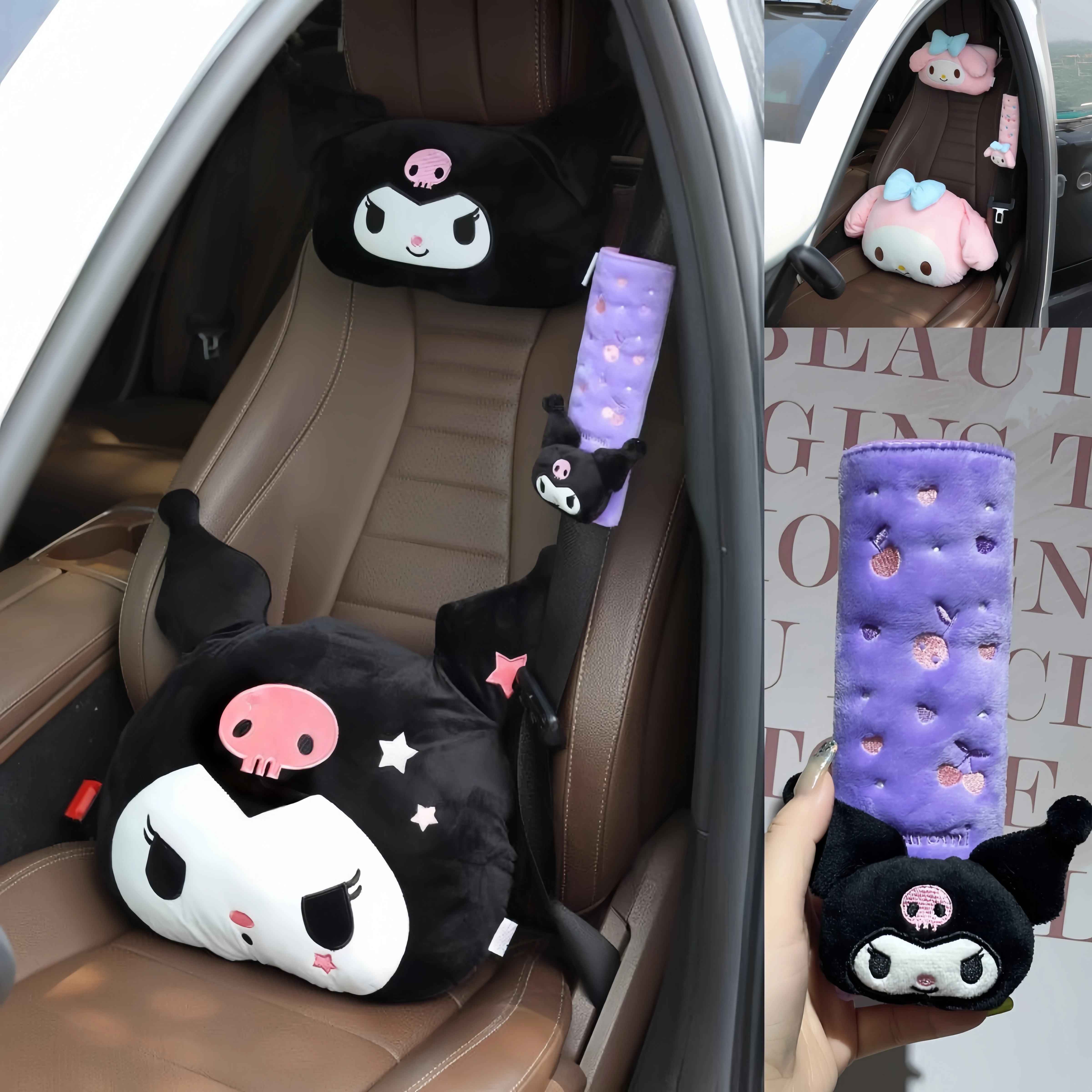 

Sanrio Kuromi Car pillow My Melody Back Cushion Headrest Car Seat Lovely Seat Belt Cover Lumbar Support Cushion Pillow Girl Gift