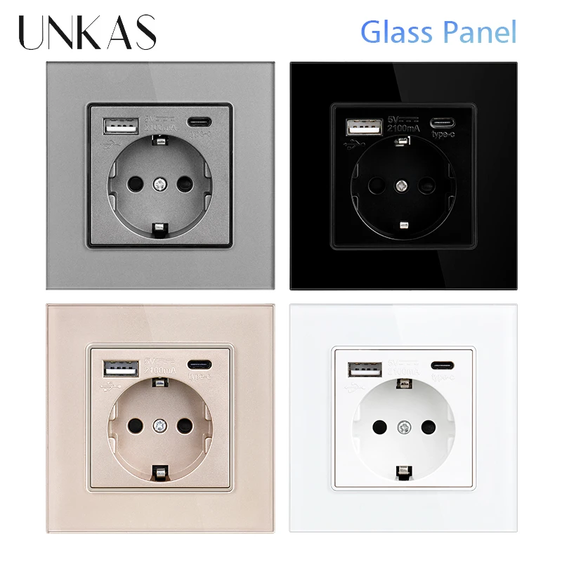 UNKAS Type-C USB Tempered Glass Panel Grey EU / Spain / Russia Wall Power Socket Grounded With Fast Charger Outlet Save Child