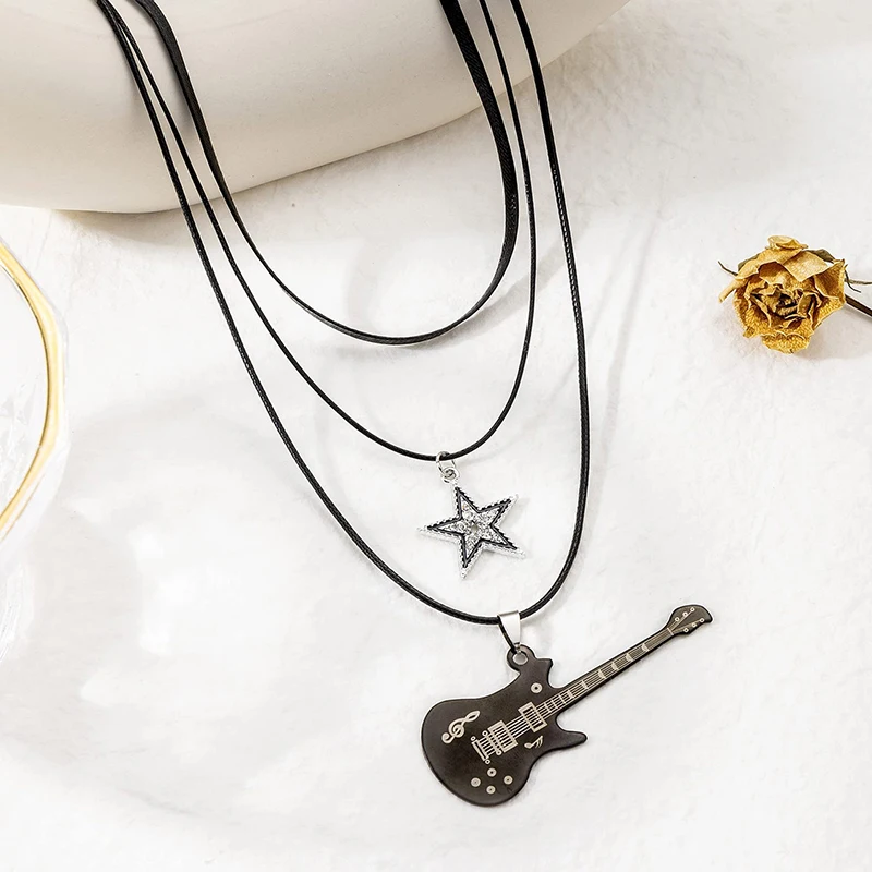 *New Star Pendant Vintage Necklace Punk Star Choker Rock Roll Guitar Layered Necklace For Women Men Eboy Egirl Bar Party Jewelry