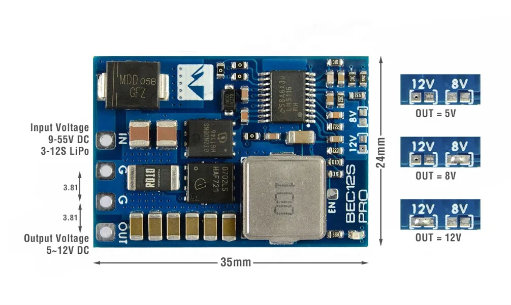 

MATEK BEC12S-PRO 9-55V to 5V/8V/12V-5A Voltage Regulator BEC Power Module Over-Current Protection Self-Recovery for RC FPV Drone