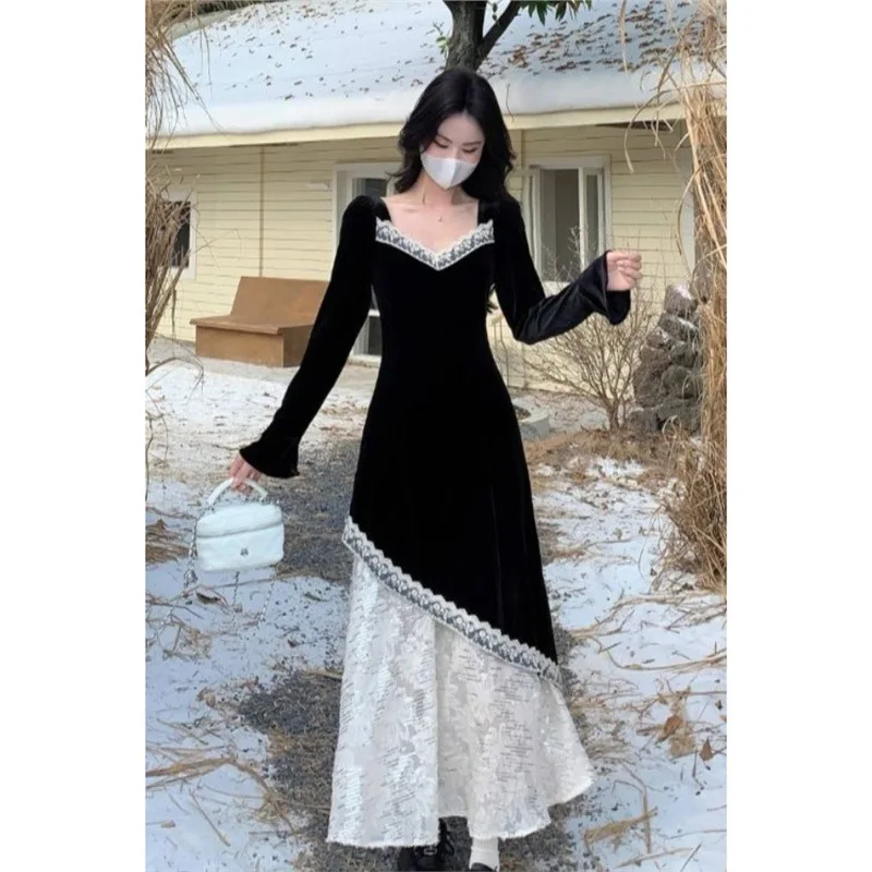 Vestido de mujer elegante y a la moda Retro con cuello en V de manga larga vestido de encaje de terciopelo negro nuevo vestido versátil elegante