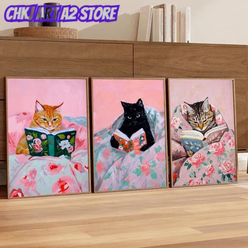 Cat Reading Books Pink Cosy Wall Art Reading Room Library Study Room Art Canvas Painter Residence Living Room Decorative Post
