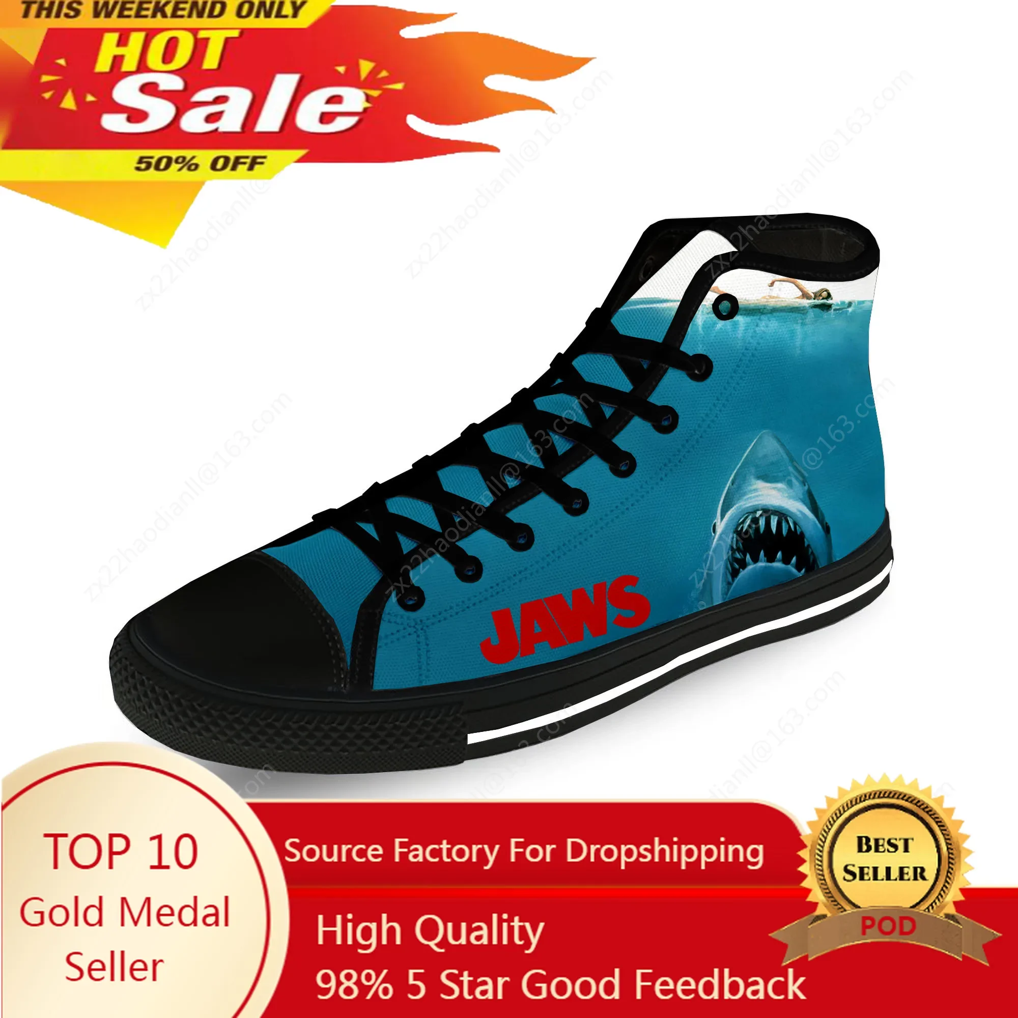 

Jaws Movie Shark Horror Casual Funny Cloth 3D Print High Top Canvas Fashion Shoes Men Women Lightweight Breathable Sneakers