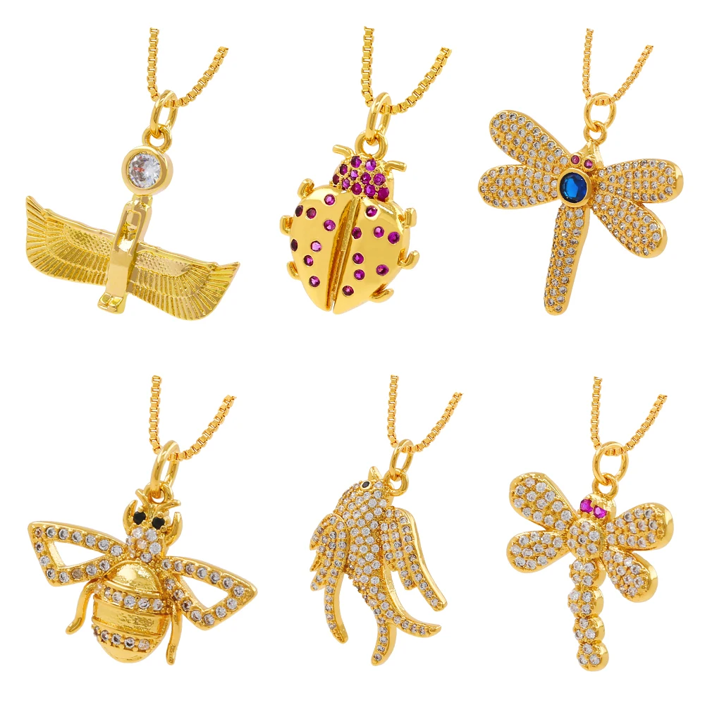 24K Gold Plated Brass Insect Cubic Zirconia Brass Firefly Shape Pendant Necklace