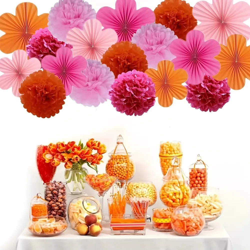 18Pcs Orange Rose Pink Paper Fans & Pom Poms Decor for Birthday Bachelorette Wedding School Party Harvest Festival & Anniversary view 3