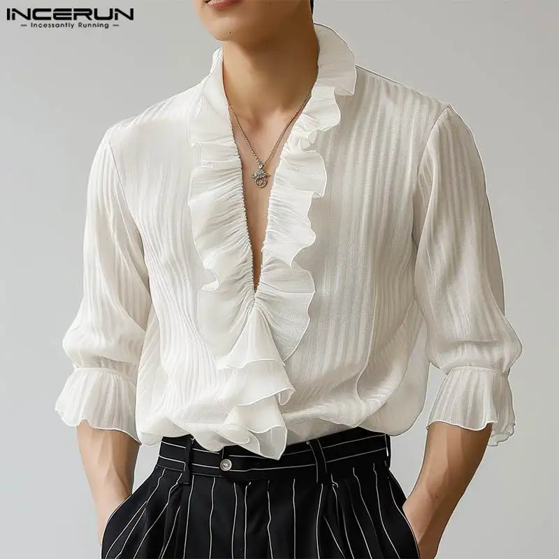 2024 INCERUN Korean Style Fashion Shirts Casual Simple V-neck Tops Men Flare sleeve Elegant Stripe Tees Loose Streetwear Male