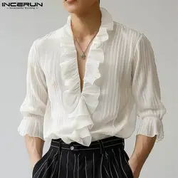 2024 INCERUN Korean Style Fashion Shirts Casual Simple V-neck Tops Men Flare sleeve Elegant Stripe Tees Loose Streetwear Male