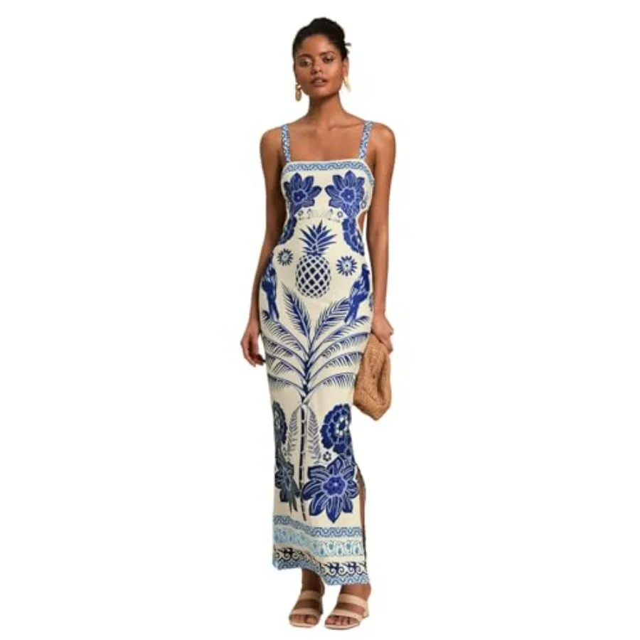 

Floerns Women's Tropical Bow Tie Back Long Dress Sleeveless Split Vacation Maxi Dress