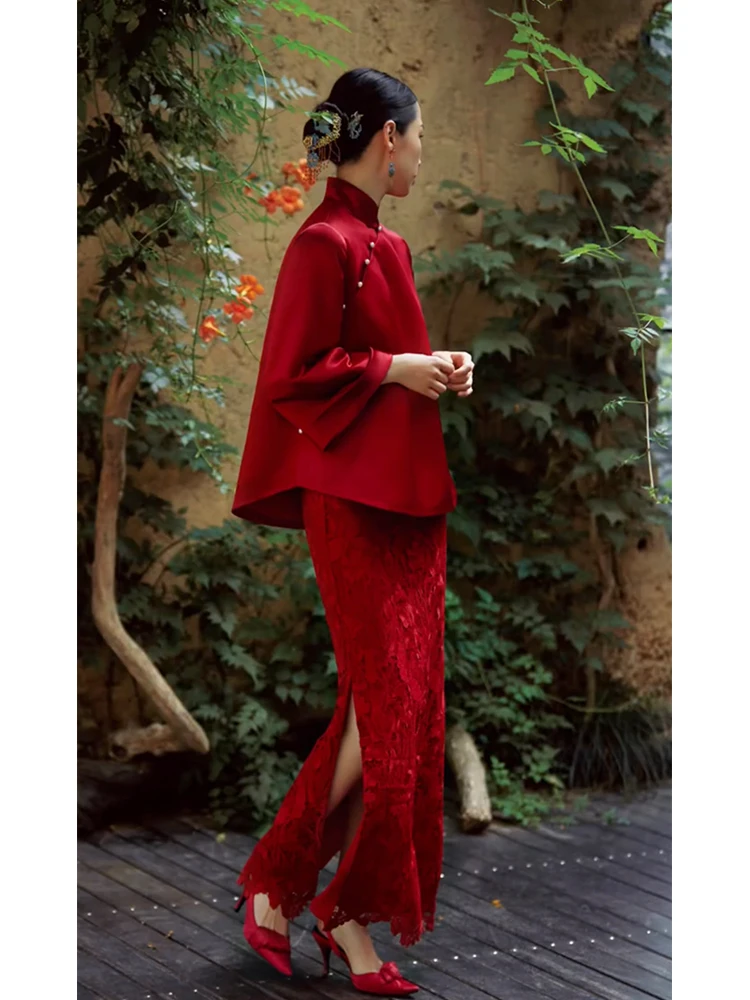 

New Chinese Style Long Sleeve Wedding Dress for Women Engagement Dinner Party Low Slit Vintage Autumn Winter