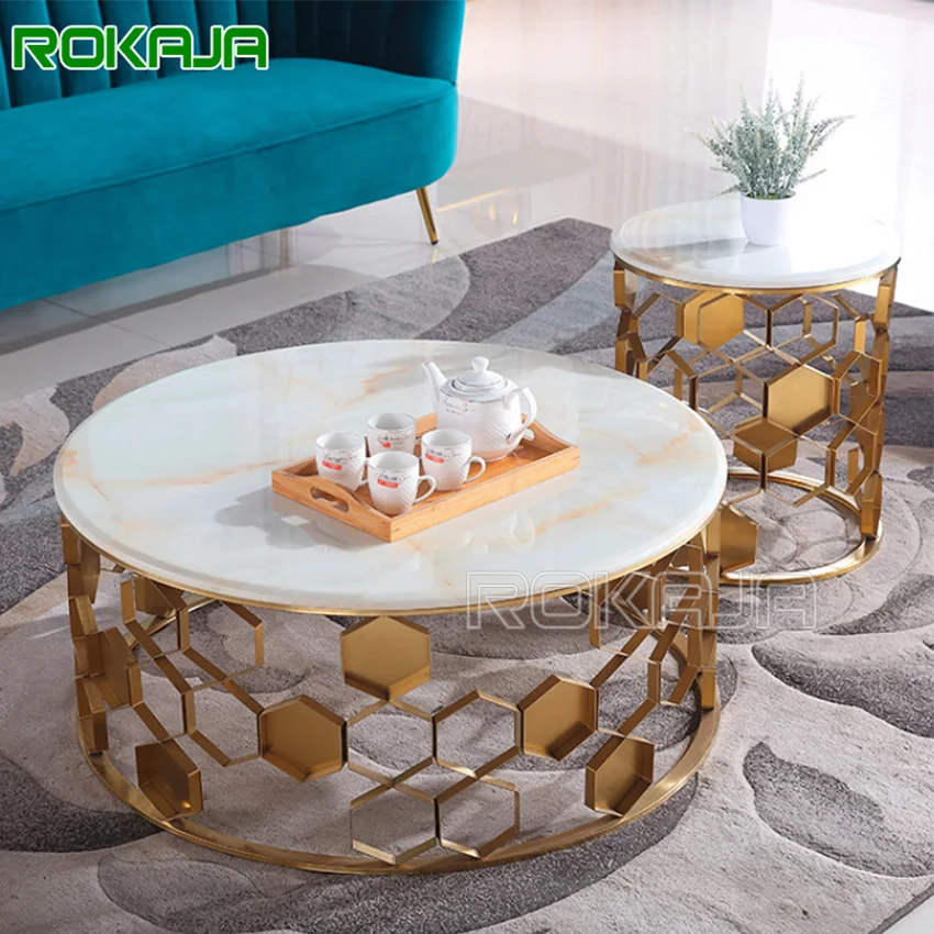 Luxury Stainless Furniture Hollow Gold Coffee Tables Modern White Marble Top Round Tea Table Set