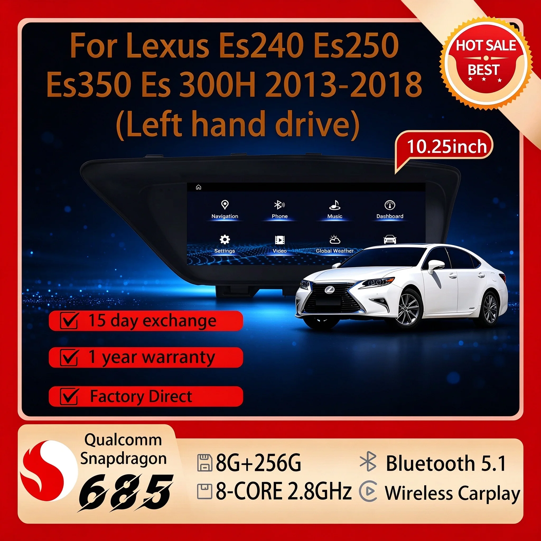 For Lexus Es240 Es250 Es350 Es 300H 2013-2018 10.25 Inch Android 14 Radio with Carplay GPS Split Screen Wireless Snapdragon 680