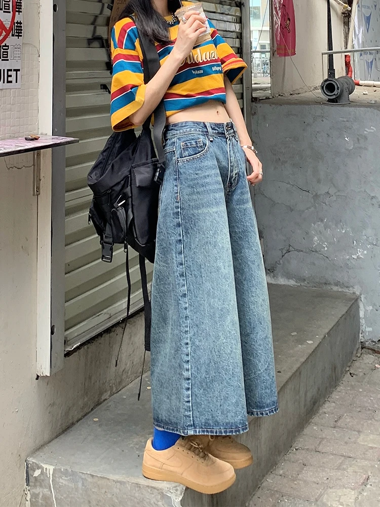 Blue Women's Shorts Jeans High Waist Straight Pants Streetwear Y2K Vintage Female Wide Leg Denim Five Points Boyfriend Trouser