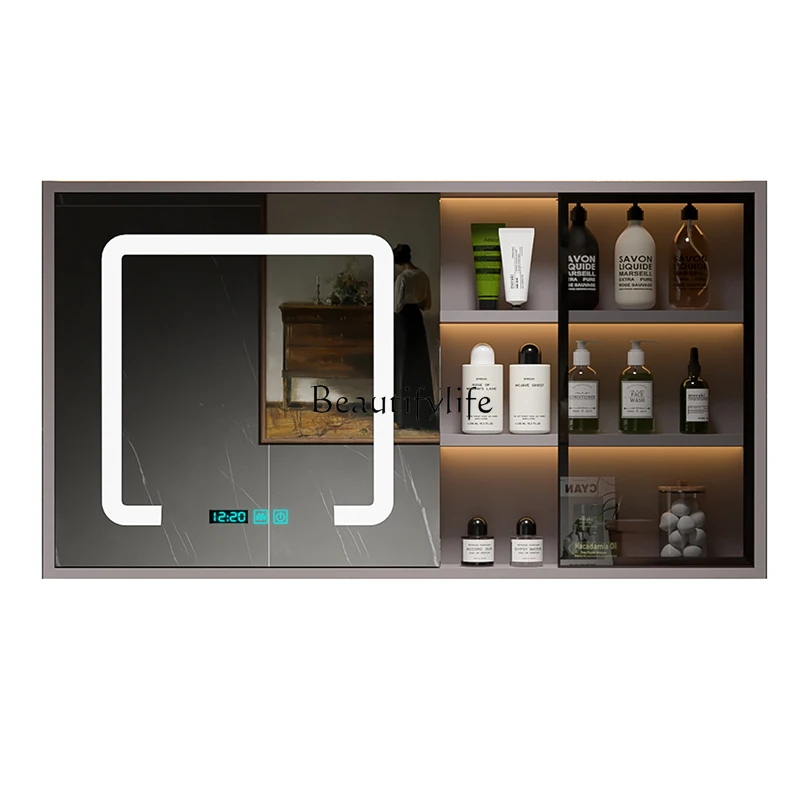 03.-Bathroom intelligent solid wood mirror cabinet, independent wall mounted, with fog removal light and storage rack