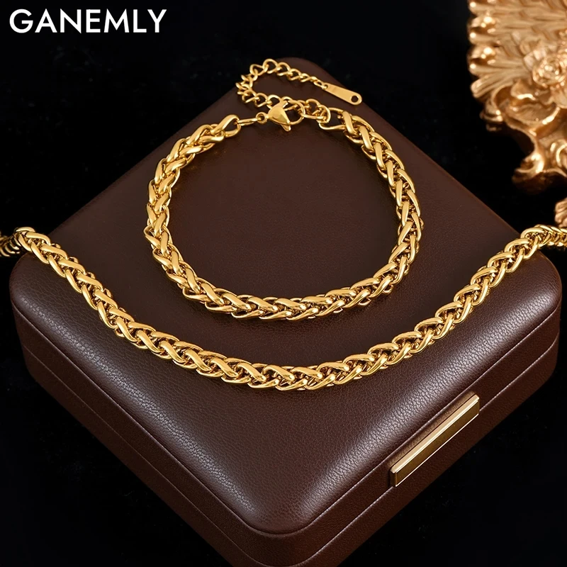 GANEMLY 316L Stainless Steel Chains Neckalces Bracelet Statement Jewelry Set For Women Men Gold Color Metal 18 K Plated Collar