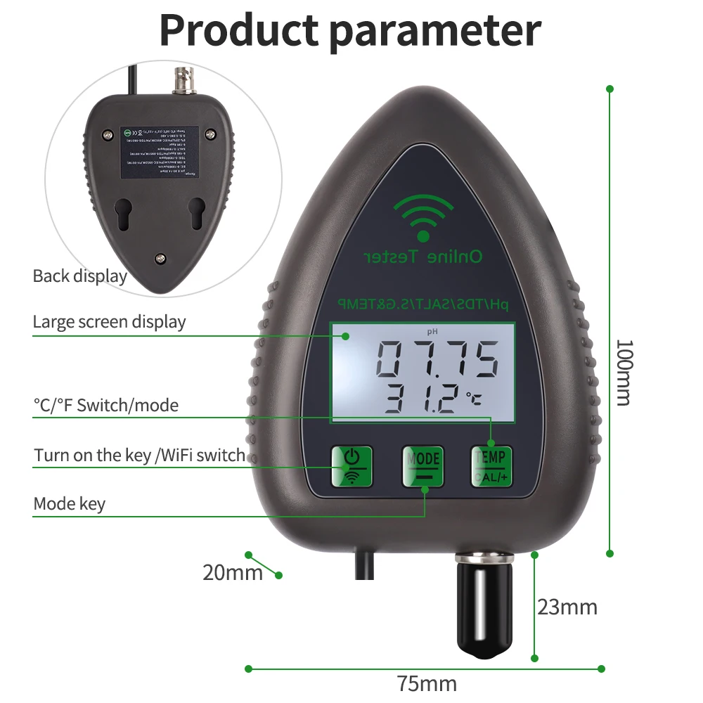 Tuya WiFi 5 in1 Water Quality Tester Online Monitor TDS EC S.G Salinity Temperature Test PH Meter Hydroponics Aquarium Pool 220V