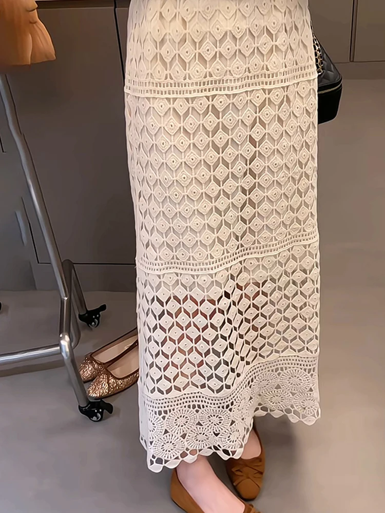 

Women's Spring Trendy High Waist Slim Fit Hollow Out Lace Embroidery Unique Designer Beach Vacation Chic A-Line Long Skirt