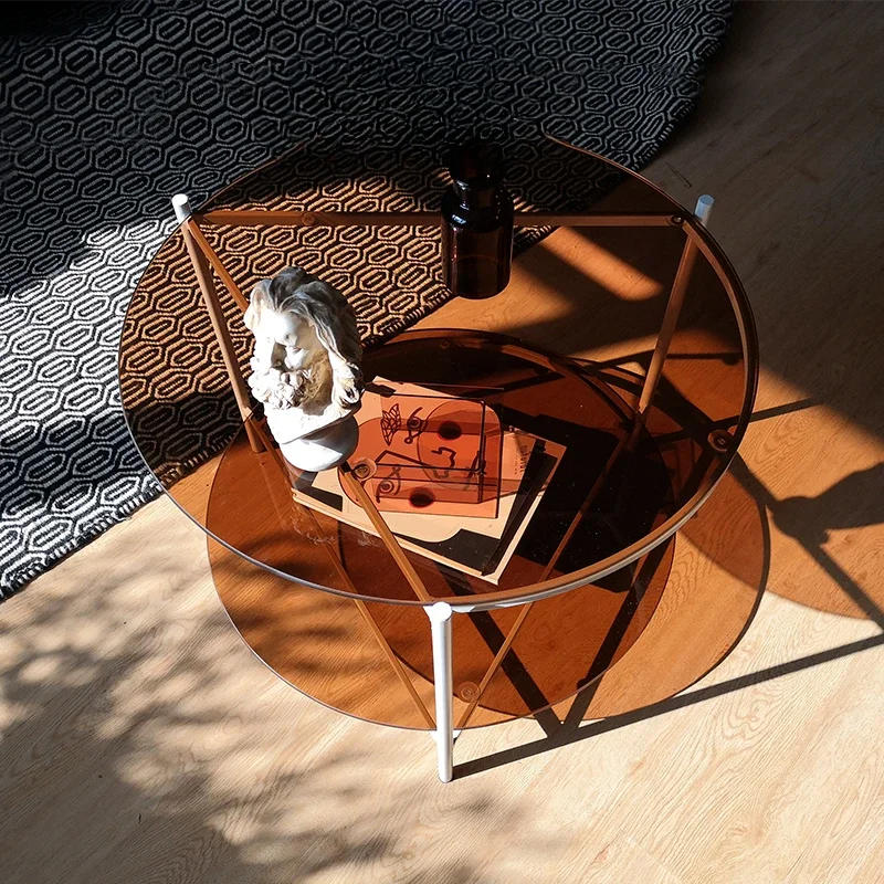 

Light luxury creative coffee table double-layer round brown tempered glass small apartment sofa edge table