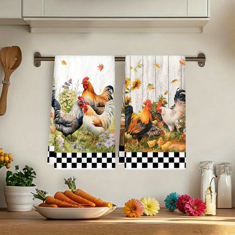 2pcs Rustic Farmhouse Chicken Kitchen Towels Buffalo Plaid Hand Towels Home Dish Towels for Kitchen Bathroom Decoration Vintage