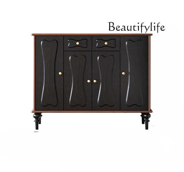 

French Cream Style Entrance Shoe Cabinet Black Silent Style Solid Wood Locker Antique Style