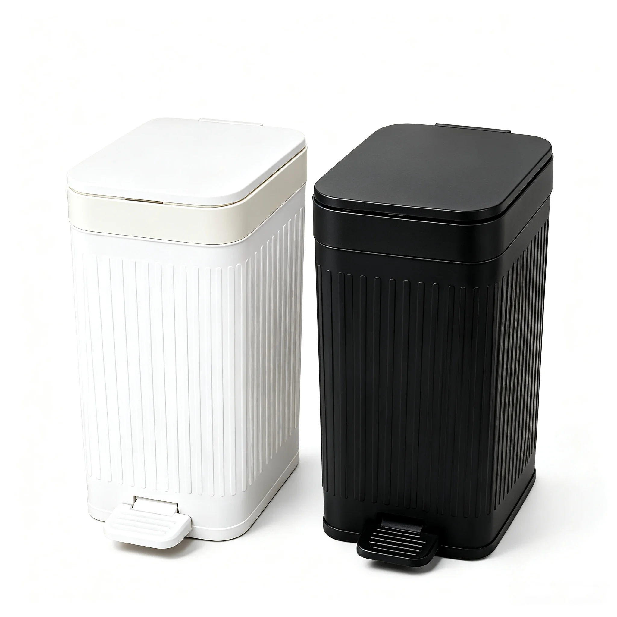 Dual‑Opening Pedal Trash Can, Foot Pedal & Press Top Lid Plastic Waste Bin, Vertical Striped Lidded Garbage Can for Bathroom Bedroom Kitchen, 2 Colors Black White Optional