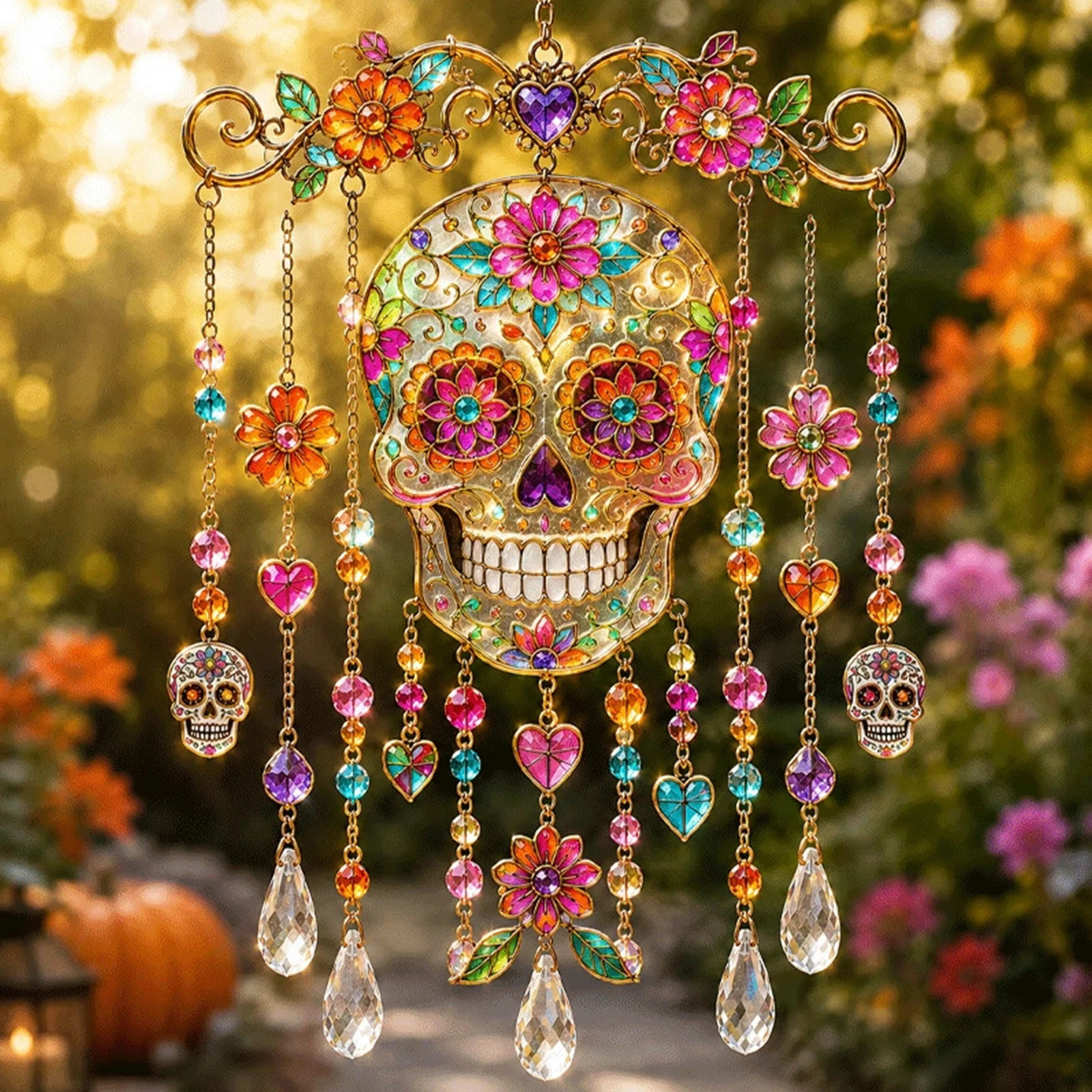 Halloween Decoration Acrylic Wind Chime Ghost Pumpkin Bat Black Cat Skull Witch Hat Window Decor