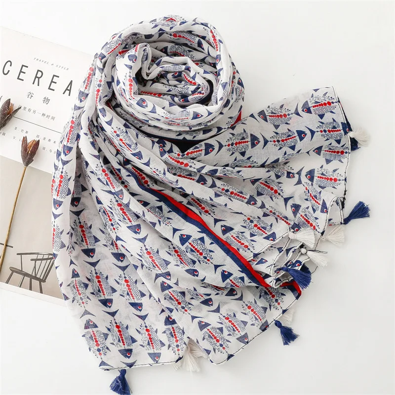 Mori Kei Japan style harajuku fashion cartoon fish bone printed scarf kawaii navy style shawls and wraps female muslim hijab