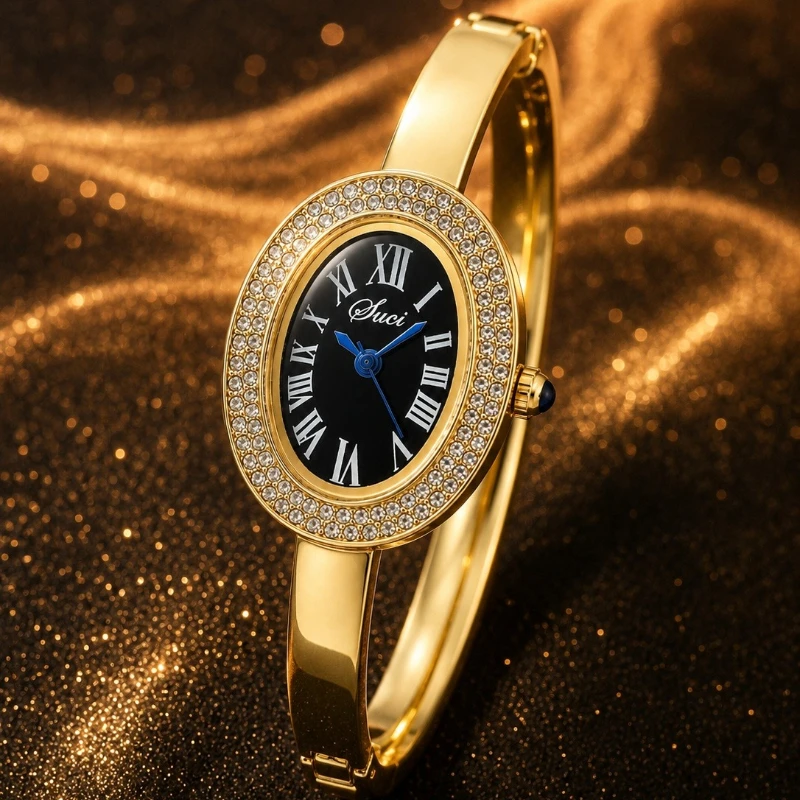New Luxury Elegant Women' Bracelet Wrist Watch Classic Vintage Roman Numeral Rhinestones Quartz Watches for Ladies Montre Femme