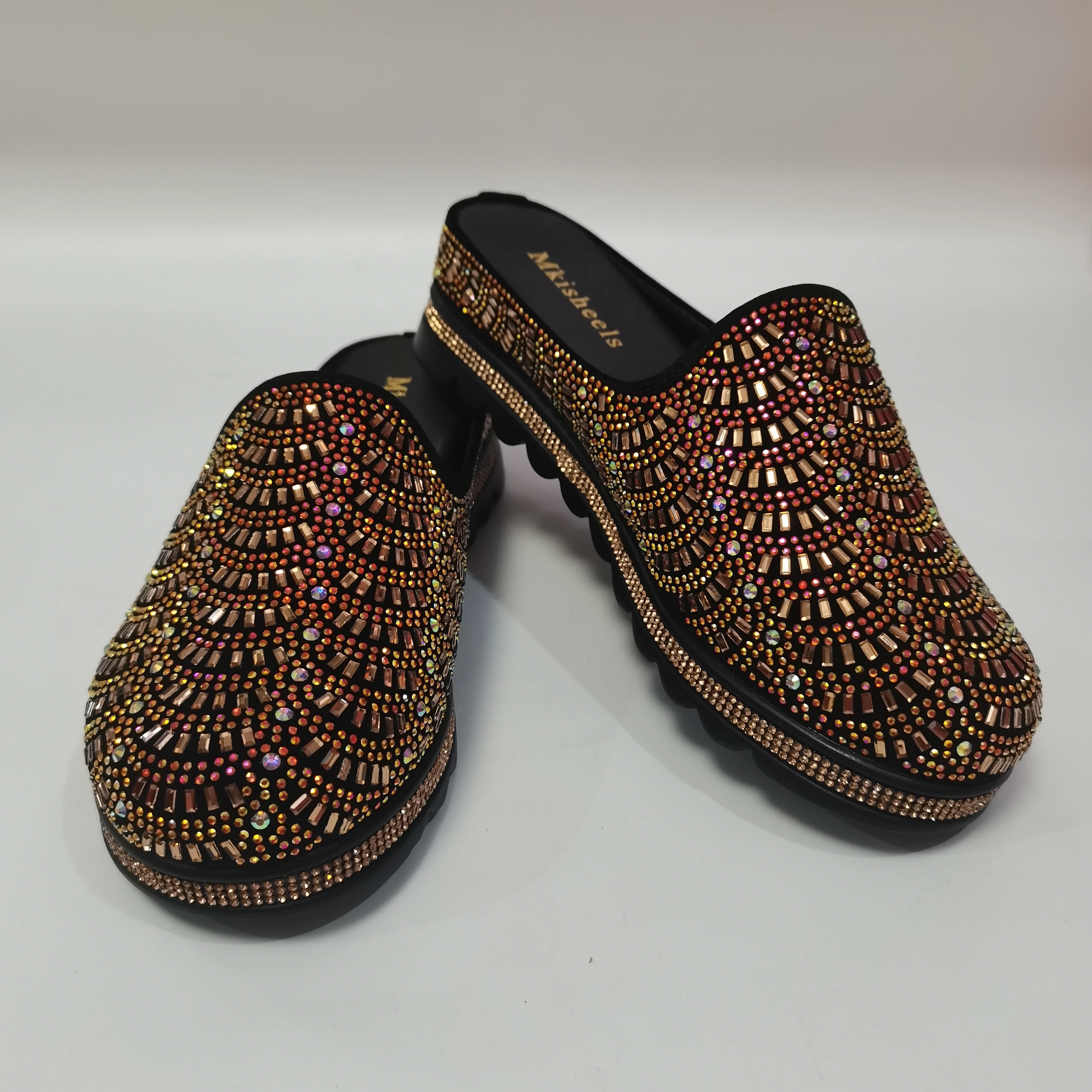 

New Fashion Women Mid-Heel Rhinestone Slippers Comfortable Outdoor Casual Muller Shoes Beach Slippers F703-1