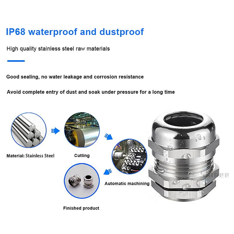 1Pcs 304 Stainless Steel GlandsWaterproof Cable Gland IP68 PG7 PG9 M12 M16 Metal Joint PG13.5 M8 M10 Cable Fixing Seal Joint