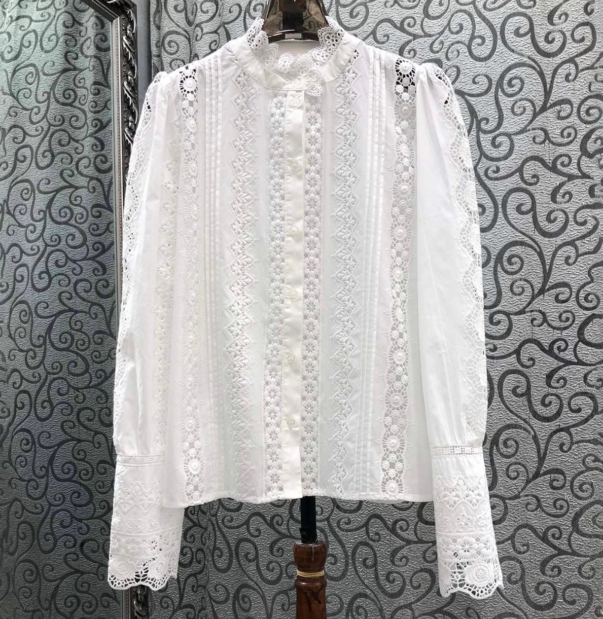 100%Cotton Blouse Shirts 2026 Spring Style Women Allover Crochet Lace Embroidery Long Sleeve Vintage White Button Shirts