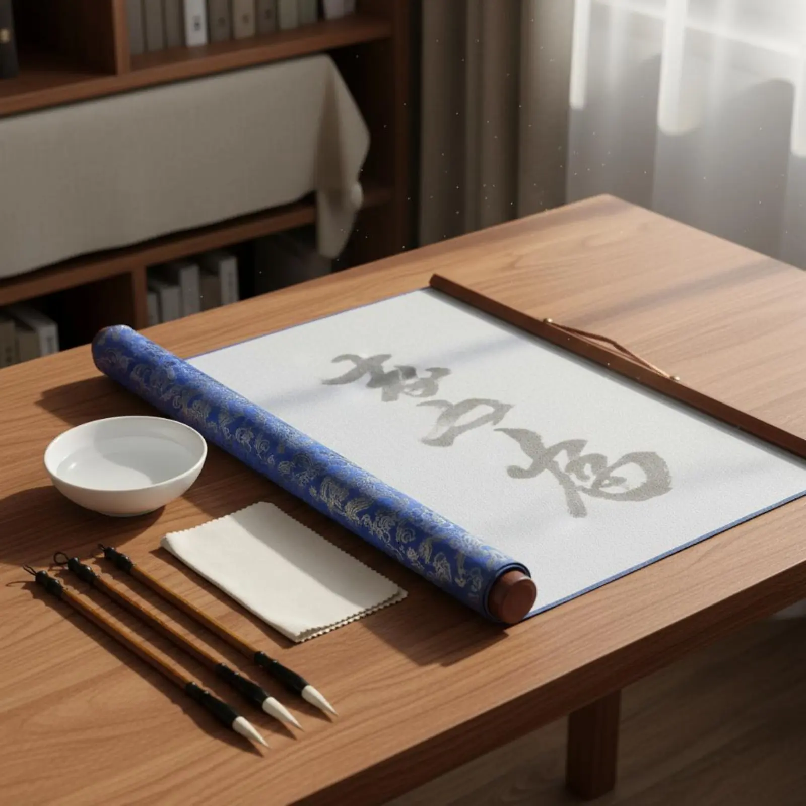4 Pieces Chinese Brush Writing Brush and Cloth Kit Characters Disappear Automatically Reusable Water Writing Scroll for Children