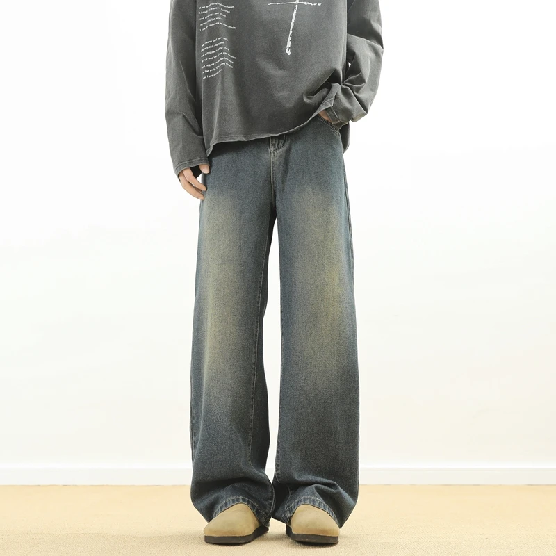 New Washed Jeans Street Trousers Male Denim Pants Neutral Solid Color Wide Leg Pant Button Casual Streetwear Hip Hop Loose Style