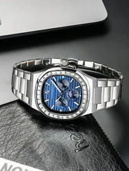 SAPPHERO Relojes de lujo para hombre, reloj con diamantes para hombre, esfera multifunción, resistente al agua, reloj de pulsera cuadrado de acero inoxidable, reloj de moda