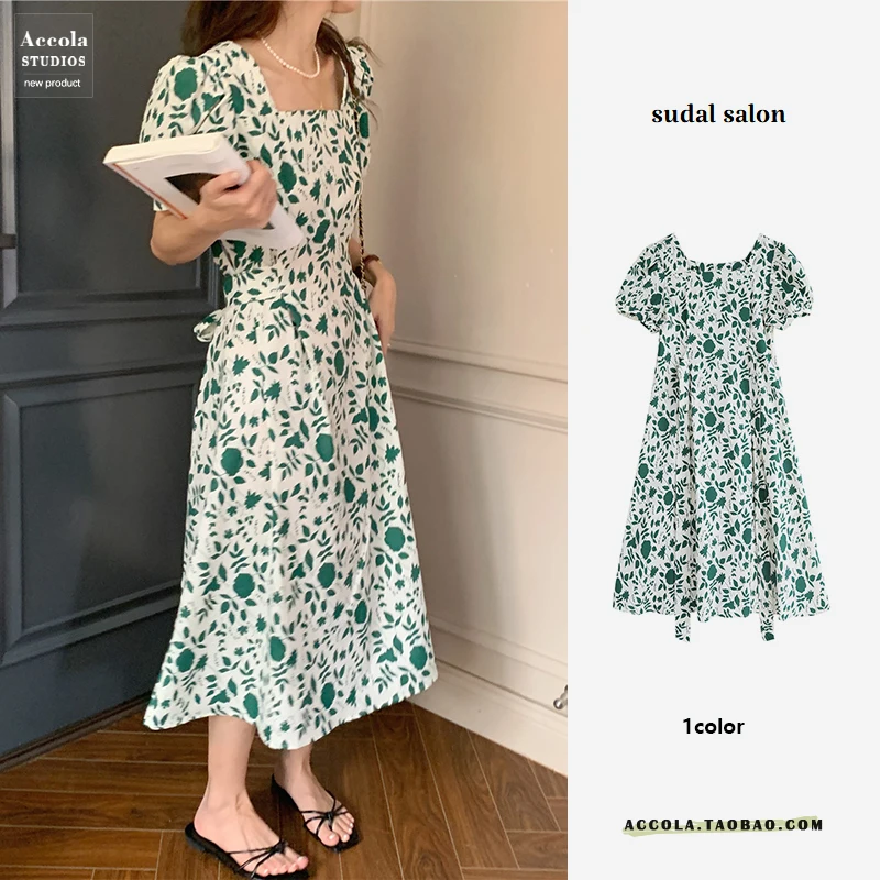 Initial Love Blumendruck Dr. Summer Fre Anti-Aging 2025, neuer quadratischer Kragen, Bubble Sve, taillierter Eleganzrock für Damen