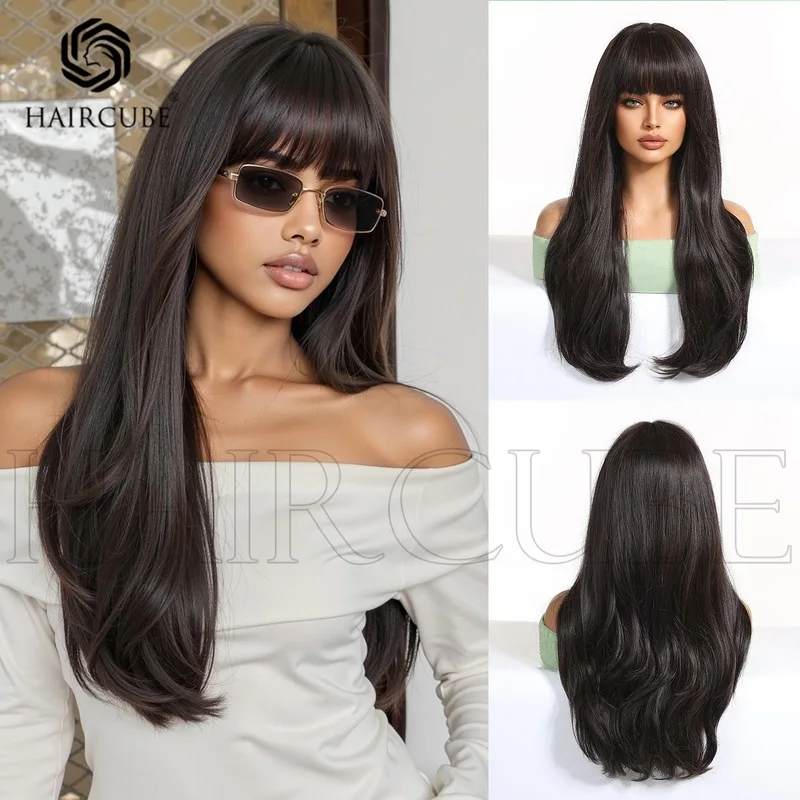 European and American fashionable long curly wig with bangs women's gradient-style slightly wavy black synthetic fiber
