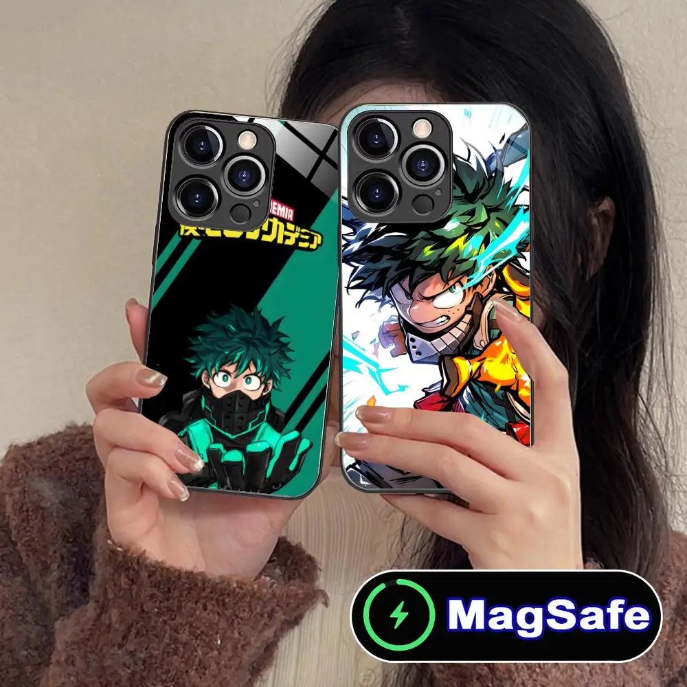 حافظة هاتف My Hero Academia Izuku Deku لهاتف iPhone 16 15 14 13 12 11 Pro Max Plus Mini MagSafe لون زجاجي واقي للهواتف الذكية