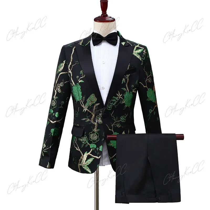 Men's Flower Suit Woodpecker Jacquard Open Lapel Slimfit Fashion Suit Banquet Business Performance MC Host Long Sleeve Coat Suit