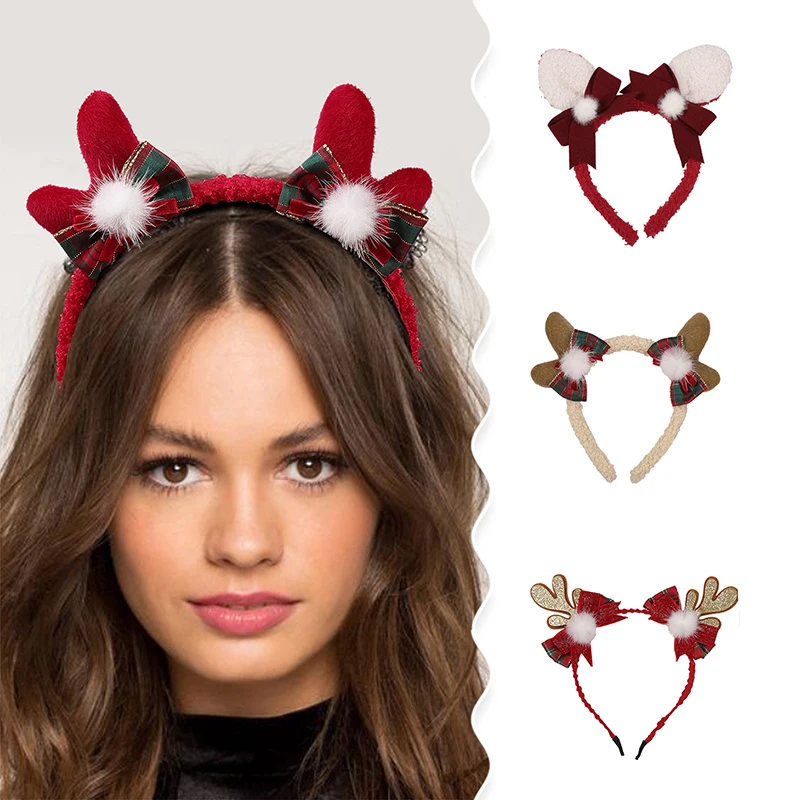 Bando rambut Natal lucu kartun untuk wanita gadis rusa lucu tanduk rusa telinga pesta Natal Cosplay hadiah