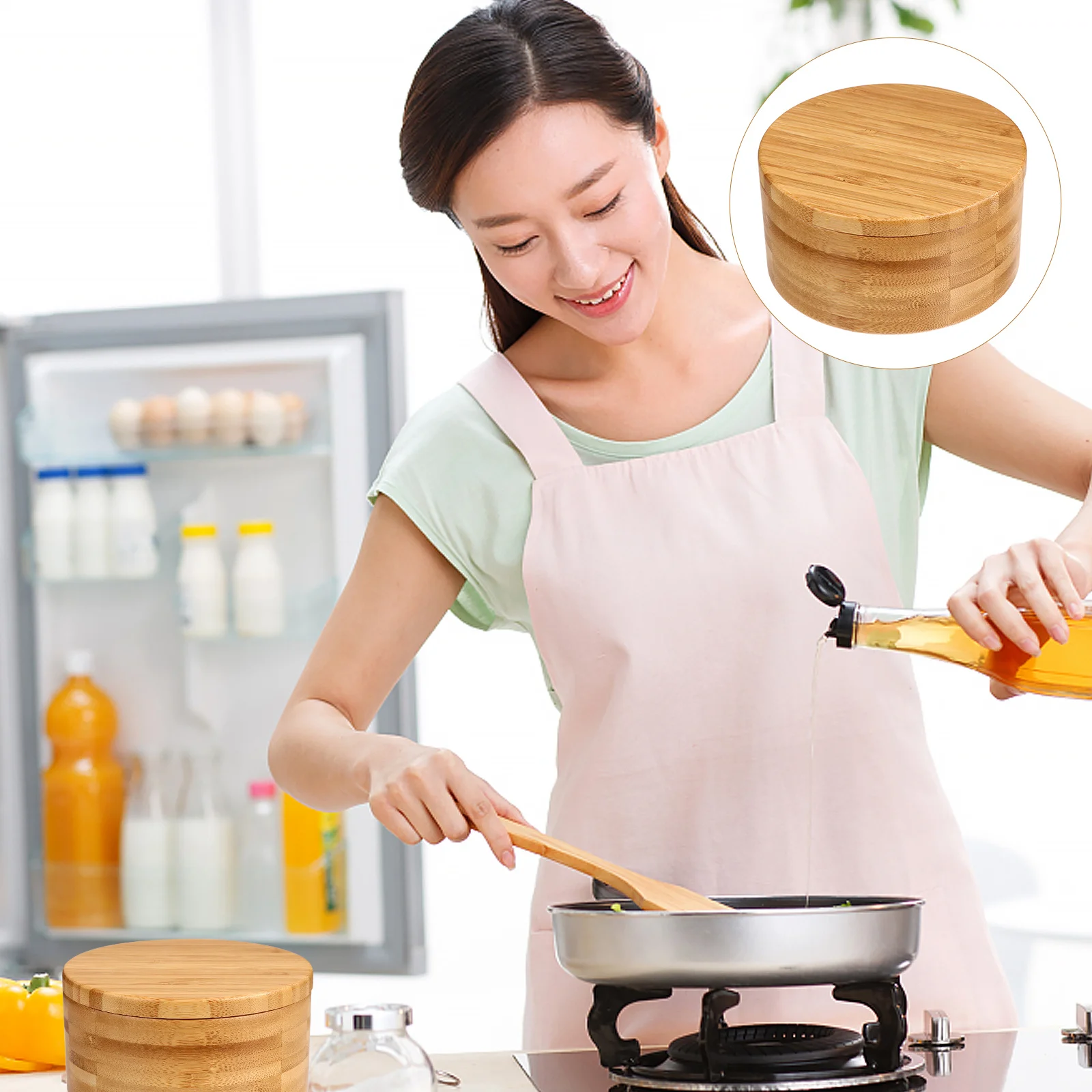 

Double Grid Bamboo Round Seasoning Box Kitchen Spice Storage Jar Wear Resistant Condiment Holder Spice Jar