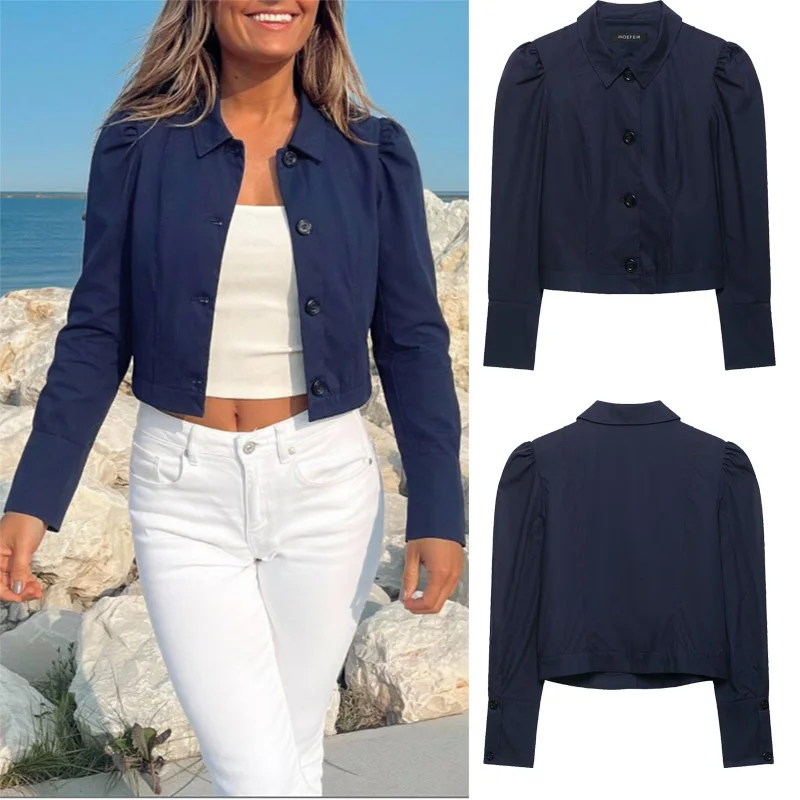 Women Pleated Puff Shoulder Cropped Blazer Turn-down Collar Long Sleeve With Button Tops Casual Short Jacket