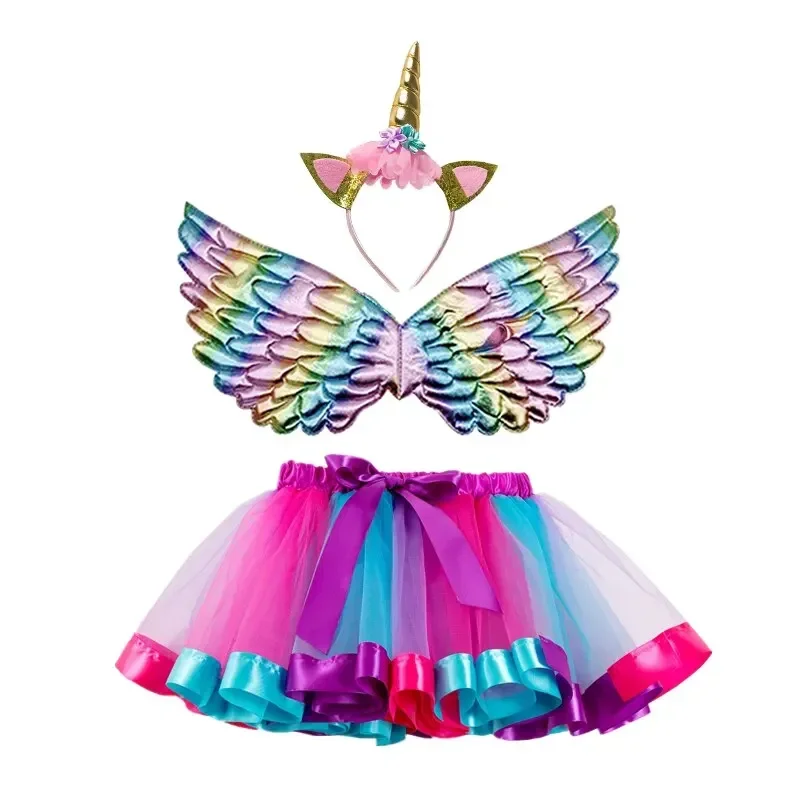 Girl Unicorn Birthday Party Skirts Baby Girls Rainbow Tulle Skirts+Wing+Unicorn Headband Miniskirt Sets Princess Cosplay Costume