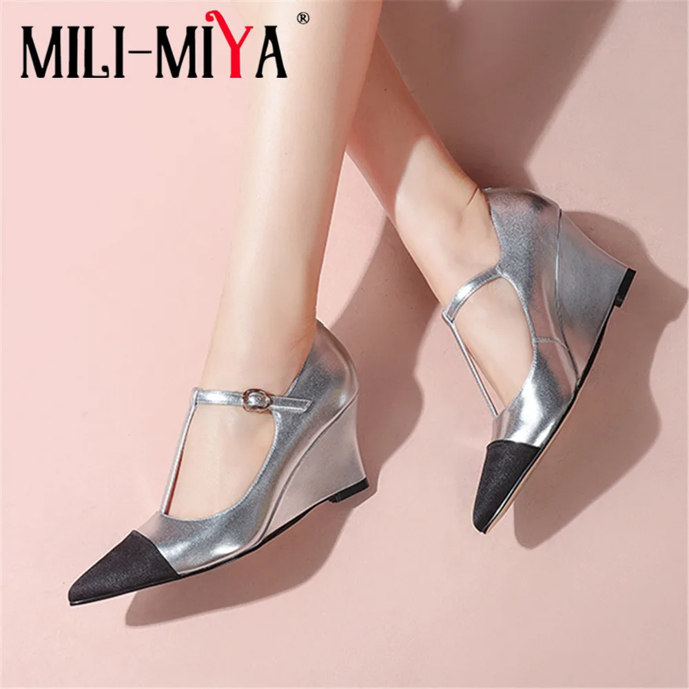 

MILI-MIYA New Arrival Spring Autumn Women Cow Leather Pumps Wedges Pointed Toe Buckle Strap Mixed Color Size 34-40 Handmade