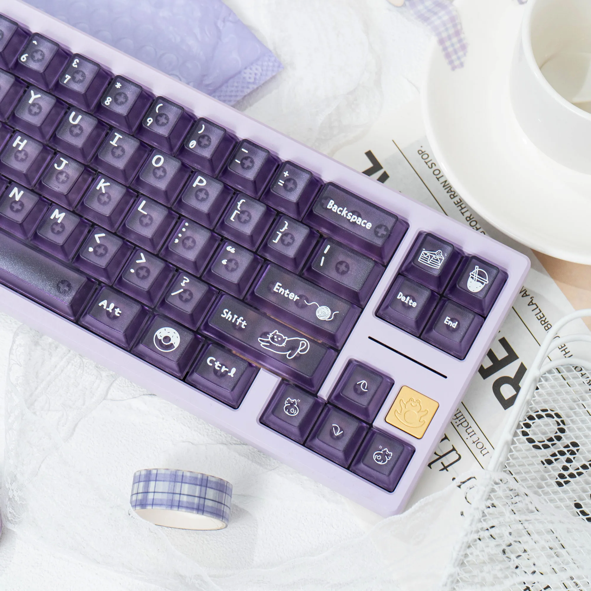 

136-клавишные градиентные фиолетовые кристально прозрачные колпачки для клавиш с вишневым профилем, прозрачные колпачки для клавиш с милым котенком и котом для механической клавиатуры