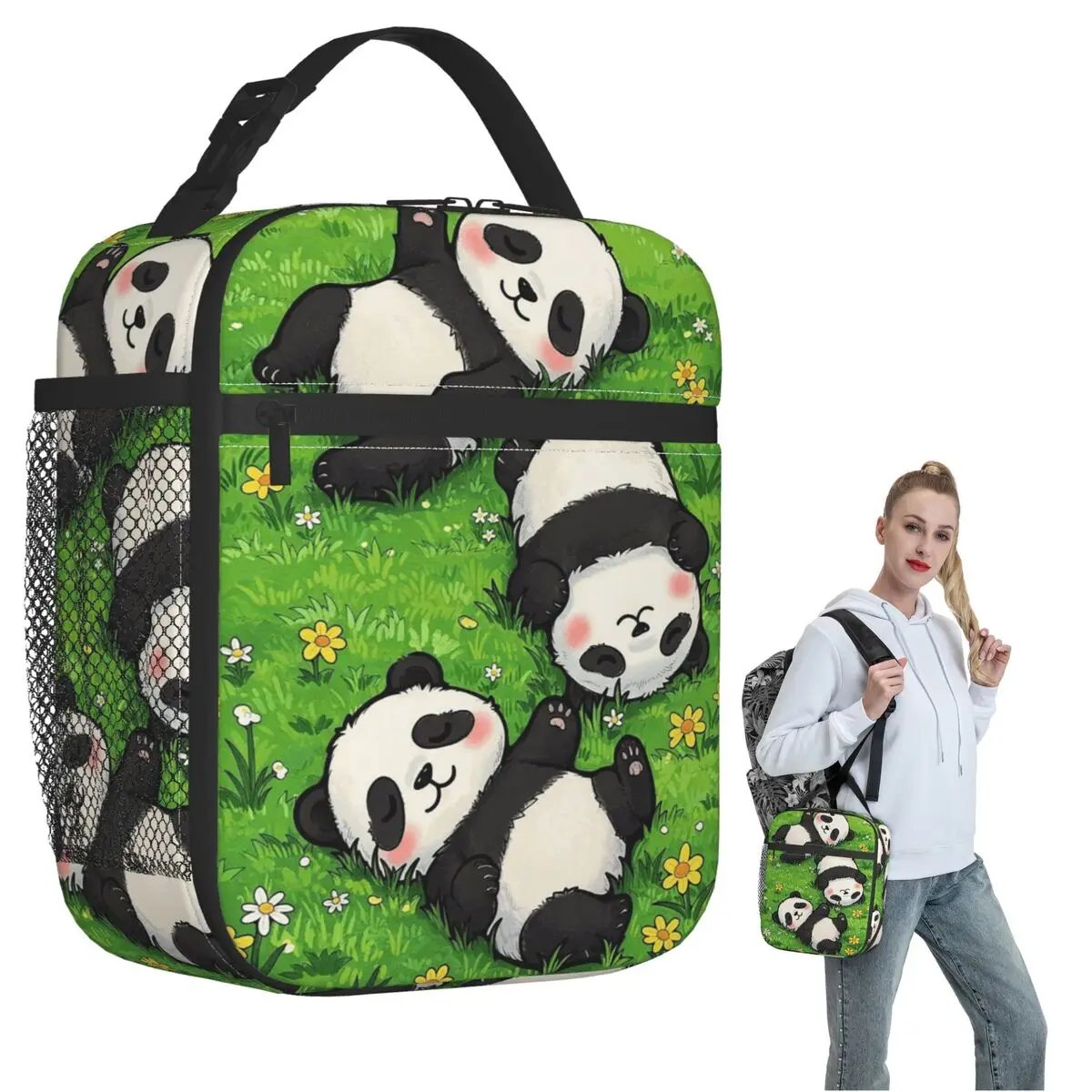 Adorable Panda Lying On The Grass Insulated Lunch Bag for Women Children Portable Food Boxes Thermal Lunch Box Tote