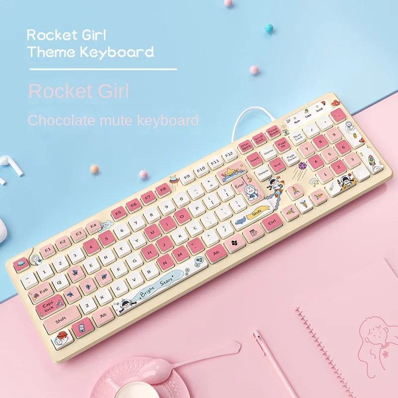 

Wired Keyboard Rocket Girl Cartoon Wireless Keyboard Office Mute Keyboard Laptop Keyboard Blue Green Pink Bluetooth Keyboard