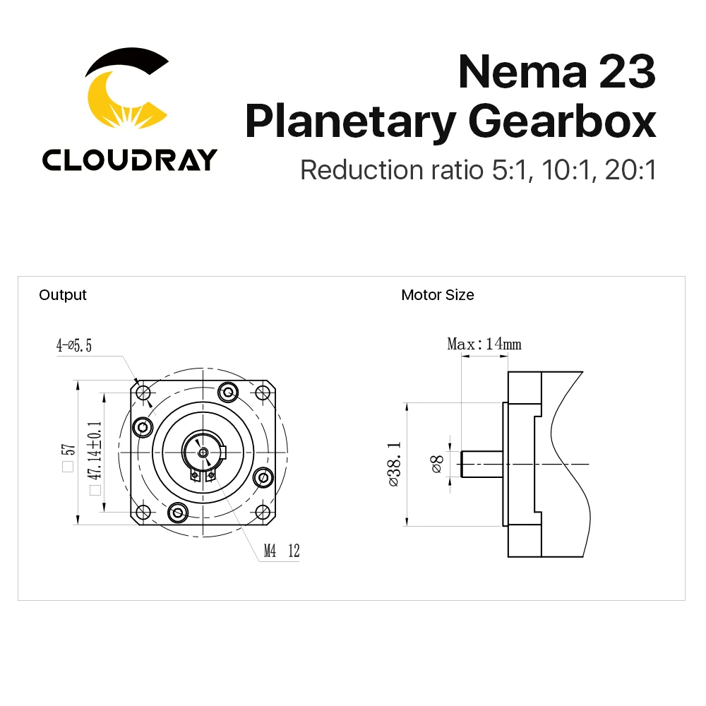 Cloudray Nema 23 Planetary Gearbox Motor Speed Reducer with Ratio 5:1, 10:1, 20:1, 8mm Input for Nema23 Stepper Motor