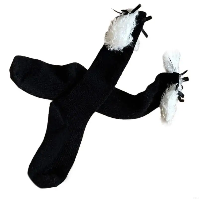 

195E Elegant Plush Ear Bows Thigh High Boot Socks for Women Winter Ribbed Wool Over Knee Long Stockings Leg Warmers