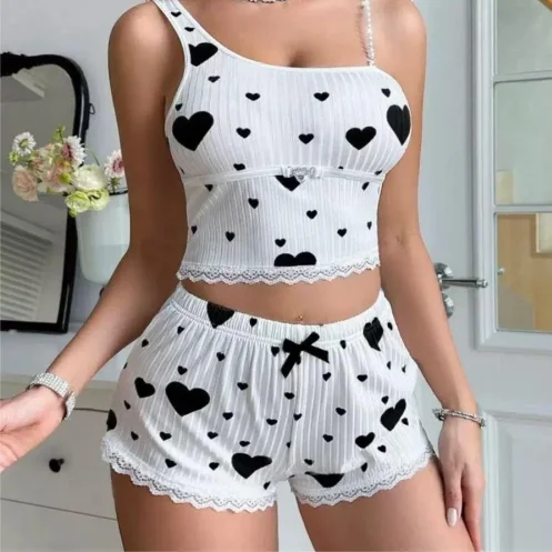 Women Heart Print 2 Piece Pajama Set Asymmetry Pearl Strap Cami Crop Top Bow Lace Trim Shorts Ribbed Knit Loungewear Ladies Slee