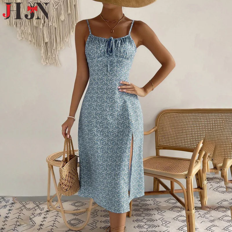 

JHJN Summer Sleeveless Women Suspender Dress Beach Style Floral Print Frock Lace-Up V-Neck Ruched Skirt Slit Hem Female Vestido